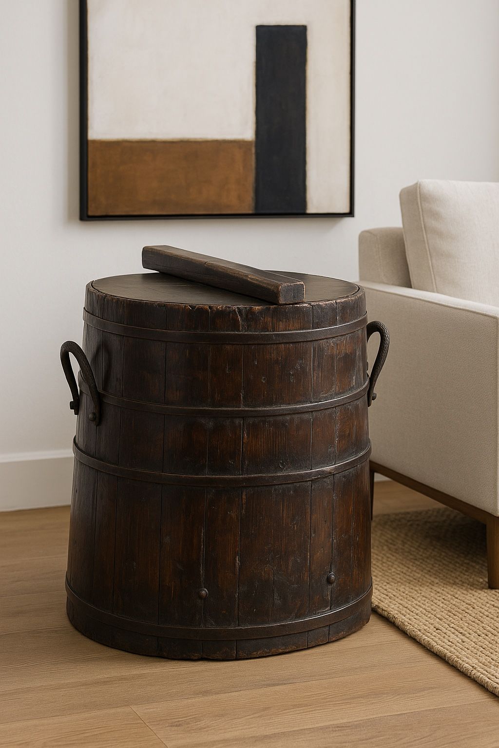 Antique Asian Wooden Grain Barrel – Solid Wood & Iron – Designer Accent Table