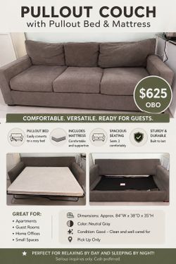 Pullout Couch with Pullout Bed & Mattress – $625 OBO