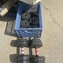 2 Plastic Dumbbells And Crate Of Weights