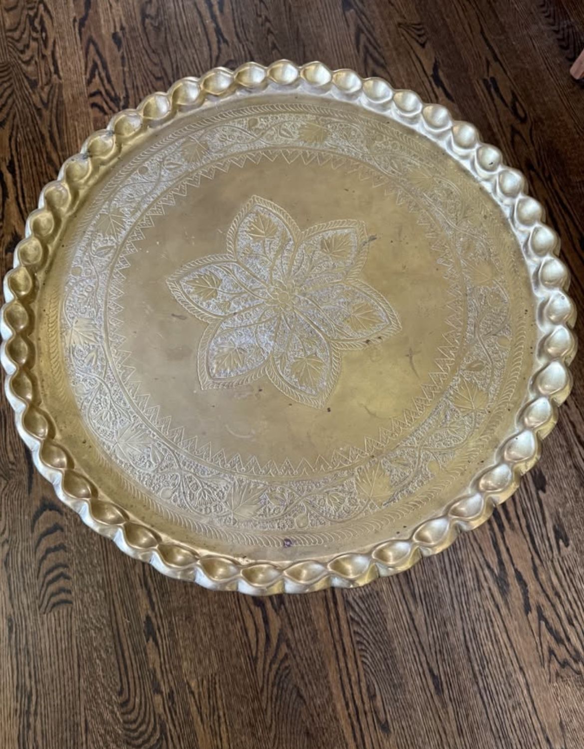vintage brass tray table with ornate floral engraving