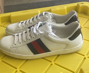 Gucci Ace White Leather Lace up Sneaker, Blue/Red Stripe, Men's Size 7.5 UK 8 US