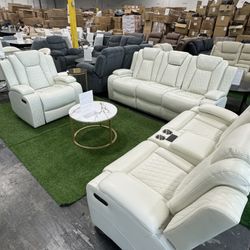 Modern White Power Recliner 3Pcs Set with Bluetooth Speaker and LED Light