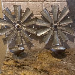 New Pair Of Galvanized Metal Windmill Wall Sconces-FIRM 