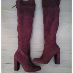 Size 7.5 Burgundy Wine Over The Knee High Boots 4 Inch Heel