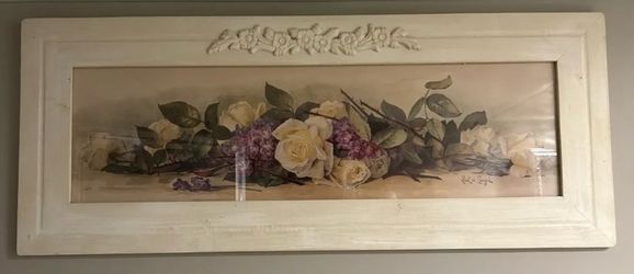 Framed Floral Print with Ornate White Wood Frame signed by Paul de Longpre