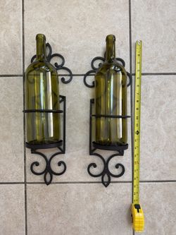 Pair 19” Black Wrought Iron Scroll Wall Wine bottles or Candle Sconces Pillar  Holders. $30