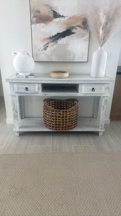Distressed White Wood Console Table