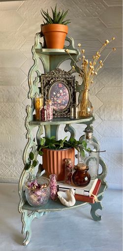 Vintage Upcycled Distressed Light Blue 3-Tier Wooden Corner Shelf