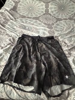 Men’s Camouflage Athletic Shorts with Skull Logo, Zipper Pocket, Drawstring