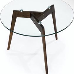 Round Tempered Glass End Table Coffee Table with Walnut Wood, 23.6" D x 17.7" H