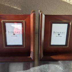 Vtg Bombay Co Picture Frame Bookends 8.75"x 7"(fits 3.5"x3" Photo)Mahogany Wood