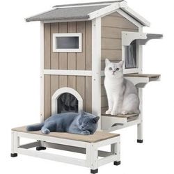 New Insulated Outdoor Weatherproof Cat House Two Story Cats Shelter for Winter, w/ Jumping Platform