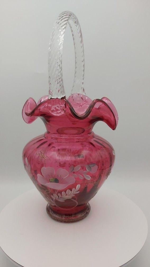 Gorgeous Vintage 95th Anniversary Handpainted & Signed Fenton Cranberry Glass Basket (Also Signed By Bill Fenton)