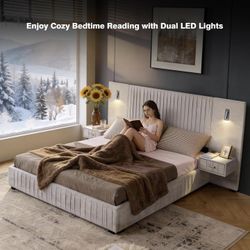 King Size Chenille Platform Bed with LED Lights and Nightstands, Beige **New In box not opened**
