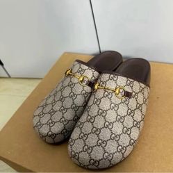 Brown Monogram Clogs with Gold Accents