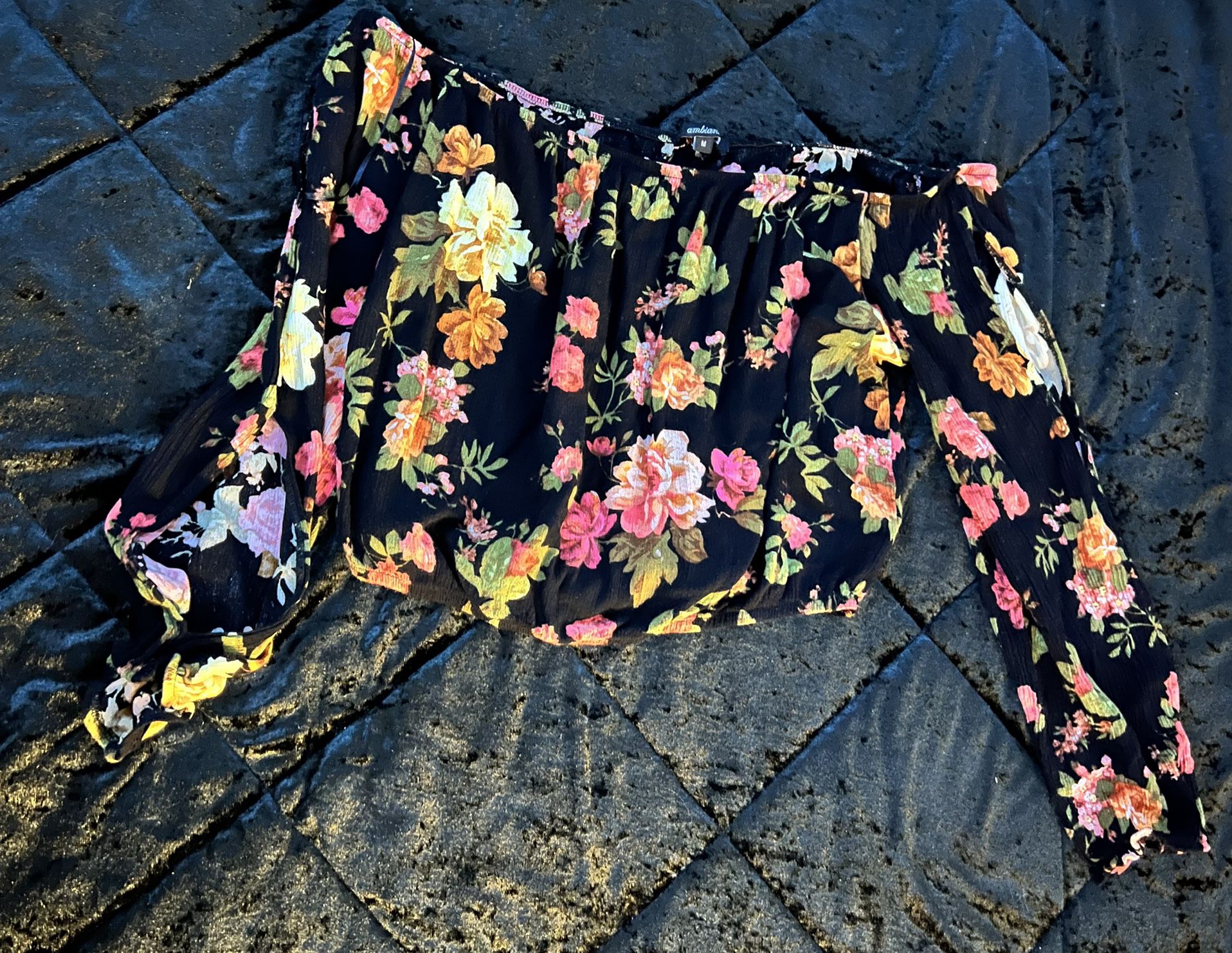 Ambiance Off The Shoulder Long Sleeve Multicolored Floral Crop Top