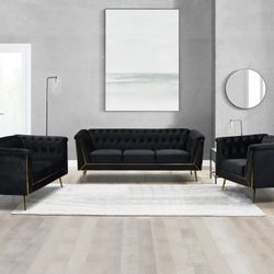 Seville Brand New Velvet Black Gold Sofa Set 3 Pcs 