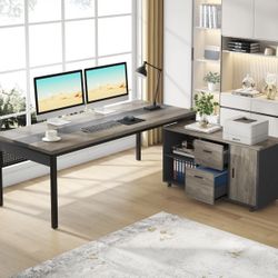 F2102AB Industrial L-Shaped Desk, 71" Executive Desk with 47" Mobile File Cabinet