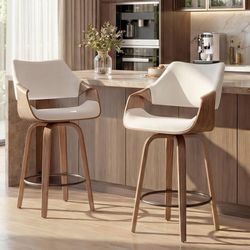 Set of 2 Swivel Bar Stool, 26" Wooden Counter Stools, White 360° Swivel Barstools with Backs, Soild Wood, Linen Upholstered, Counter Height Stools for