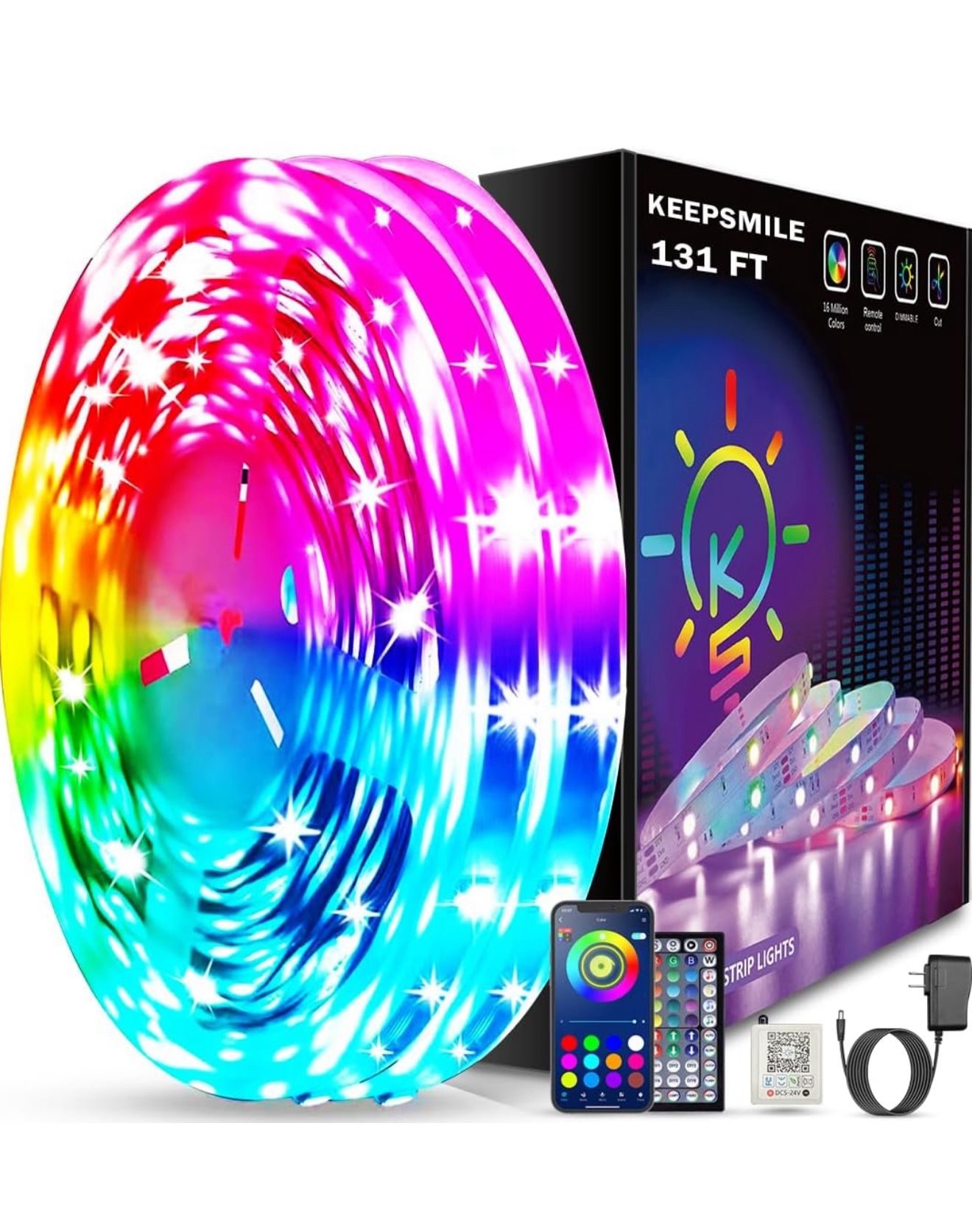 New, never used $10 for two New 131ft Led Strip Lights (2 Rolls of 65.5ft) Bluetooth Smart App Control RGB Led Light Strip with Remote,Music Sync