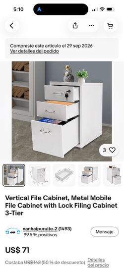 3-Drawer Metal Mobile File Cabinet with Lock