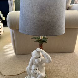 Vintage Italian Capodimonte Style  Porcelain Monkey with Baby Under Palm Tree Lamp