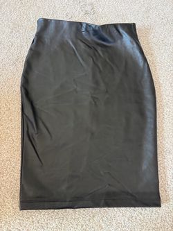 NWT Black pleather knee length skirt with split in back