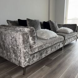 Stylish Grey Crushed Velvet Sectional Extra Large Sofa
