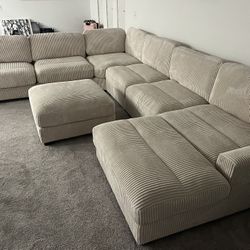New 7 Piece Corduroy Sectional.  Off White / Beige.  127” X 164” X 66”.  Free Delivery!