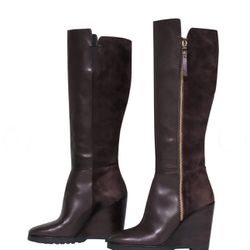 Michael Kors Brown Leather & Suede Knee High “Clara” Wedge Boots 10M