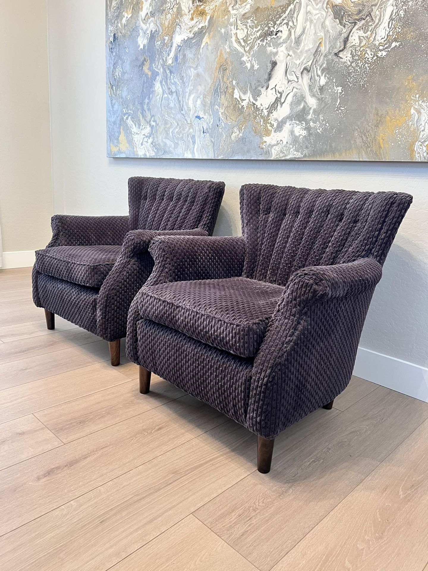 Gorgeous Pair Of Mid Century Modern Blue Gray Tufted Corduroy Velvet Accent Chairs