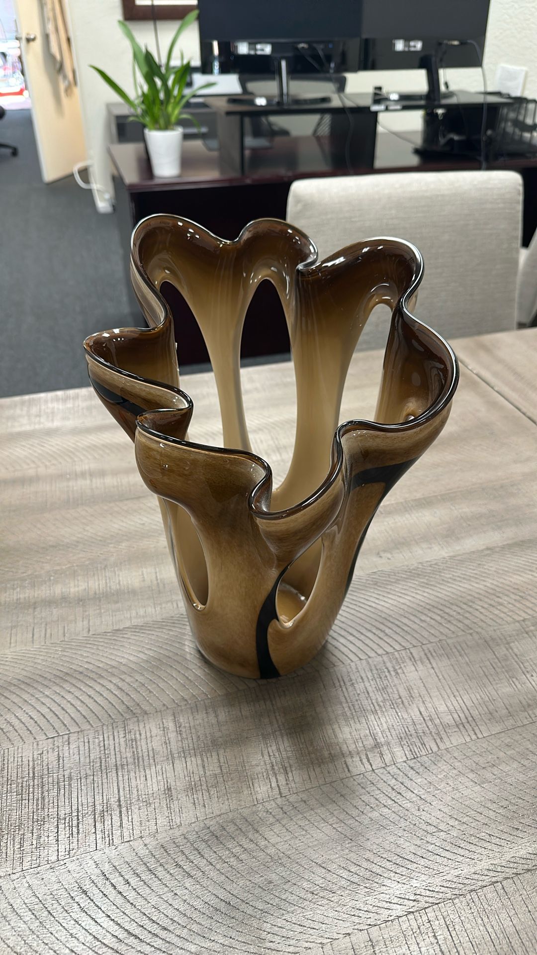 Hand-Blown Art Glass Vase – Sculptural Amber & Brown – $30