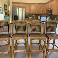 Four Wood And Raton Style Bar Stools 