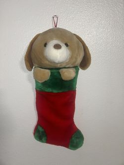Vintage Christmas Xmas Stocking Brown Bear Red Green 21” Holiday Plush Decor