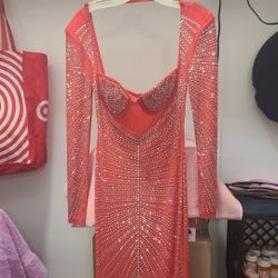 Womens Red  Long  Gown  With Sequined,  N Long Sleeve 