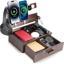 NEW Gifts for Men Dad Women from Daughter Son Wife Wood Phone Docking Station with Drawer Nightstand Organizer for Men Dad Gifts for Father's Day 