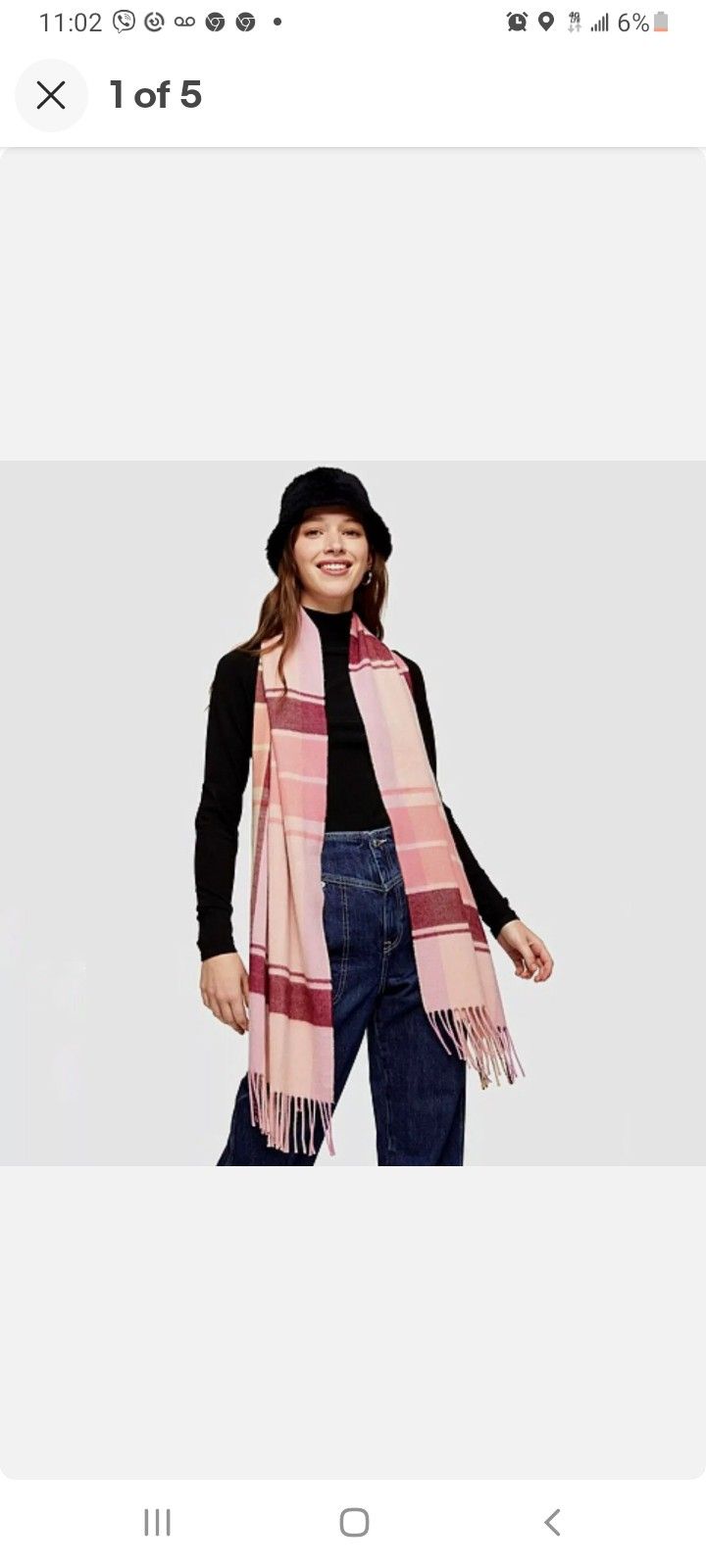 NEW Topshop Pop Scarf Light Weight Knit Fringe Plaid Check Pink Maroon 16" x 72