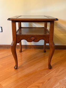 Oak Queen Anne End Table with Glass Top