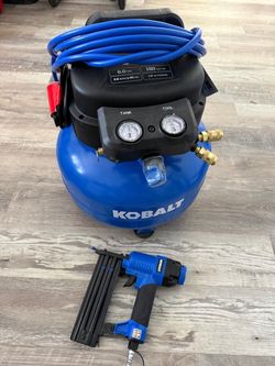 Kobalt 6-Gallon Portable Electric 150 PSI Pancake Air Compressor, Brad Nailer, Accessories