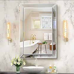 1526: New Pregaspor Wall Mirror for Bathroom, 24" x 36" Rectangular Frameless Vanity Mirror, Polished Beveled for Over Sink