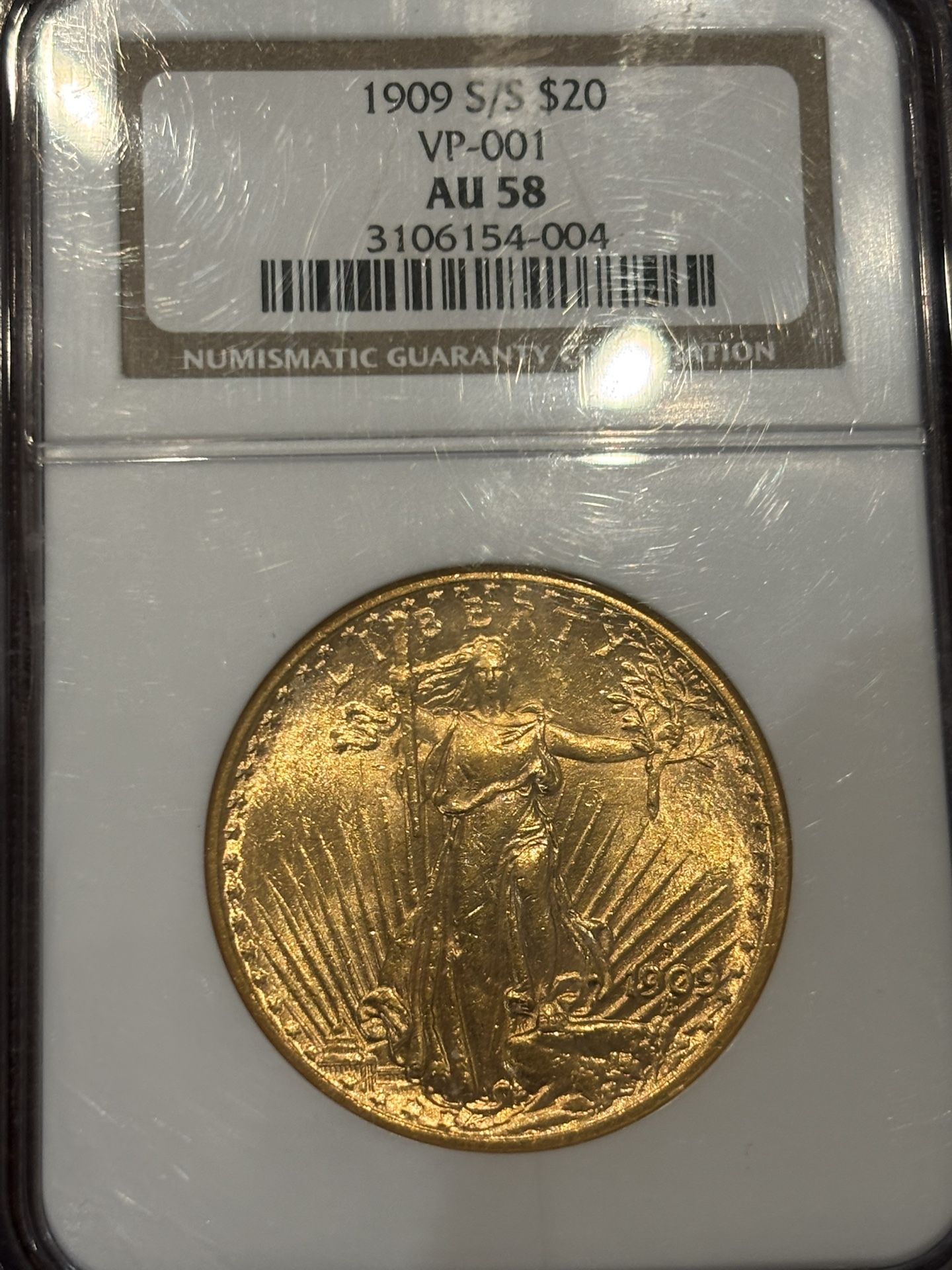 1909-S/S $20 Saint-Gaudens Double Eagle NGC AU58 Coin