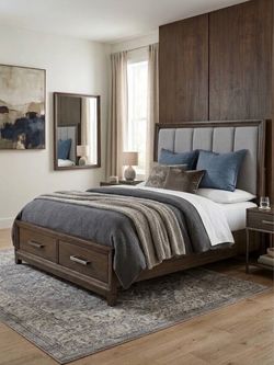 Modern Queen Storage Bed Set with Upholstered Headboard & Matching Mirror