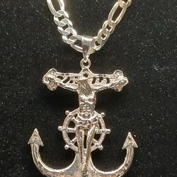925 Silver Figaro Chain With Jesus Anchor Pendant