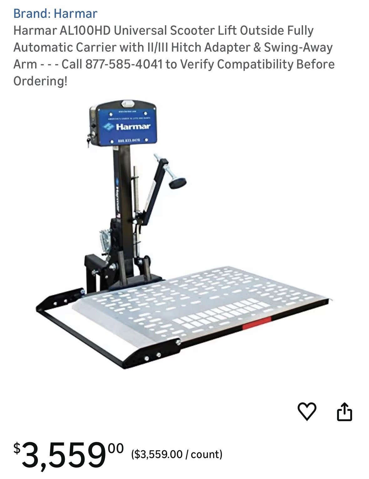 Harmar AL100HD Hitch Mounted Lift with Swing Away Bar