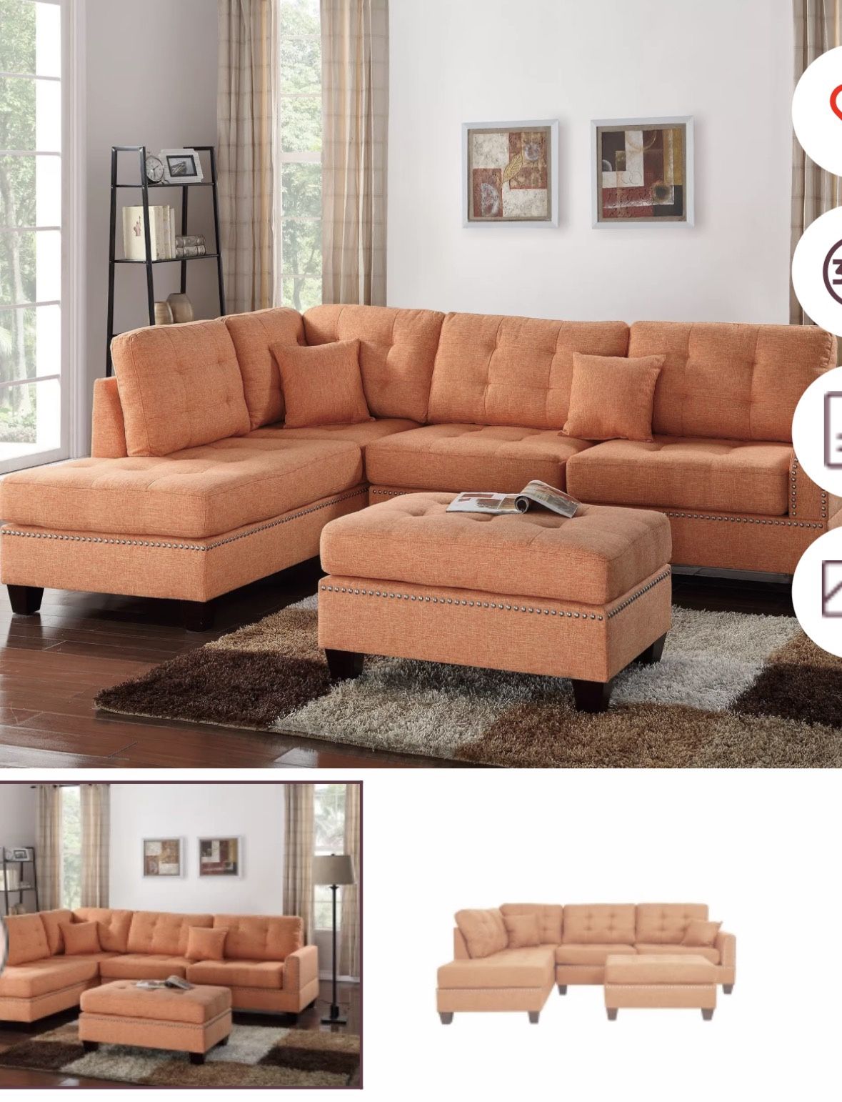 3 Pc Sectional Set With Ottoman Set 