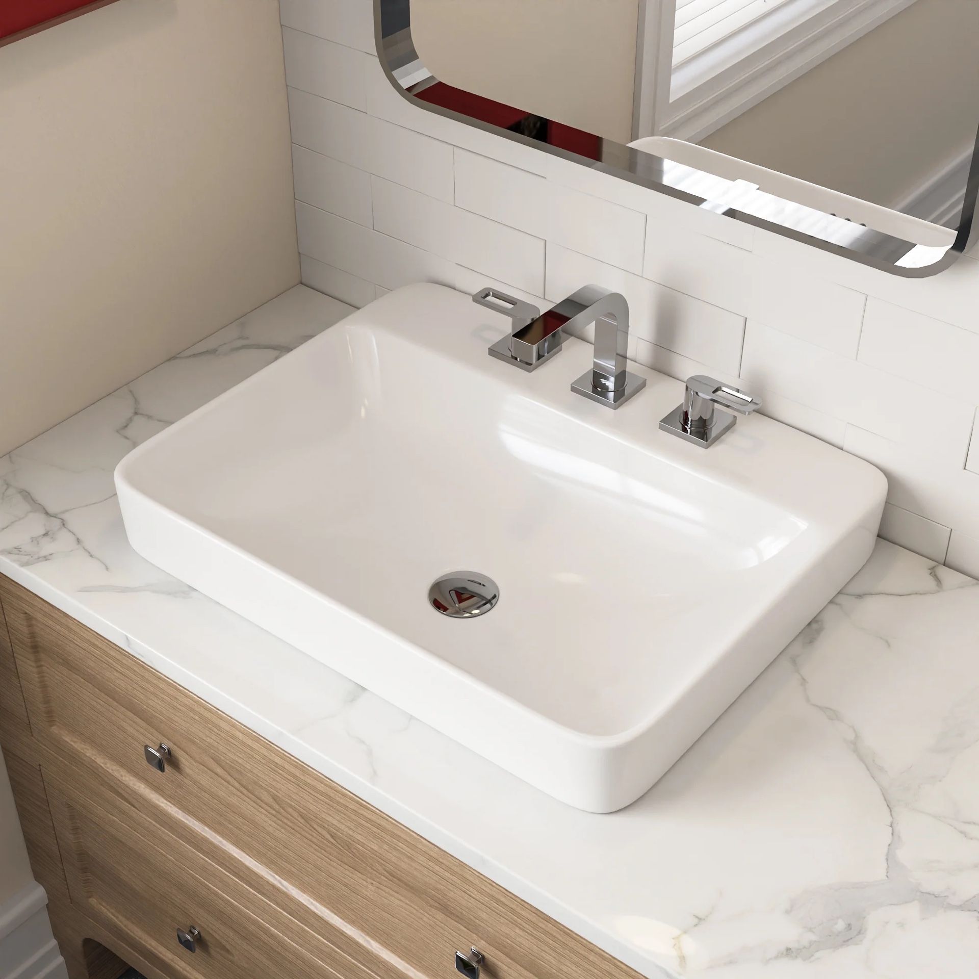24”x 19” Rectangular Drop-in Bathroom Sink White Semi Recessed Vessel, Overflow, Three Faucet Holes
