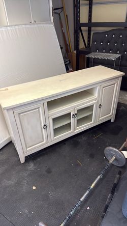 Free White Wood TV Stand with Glass Doors