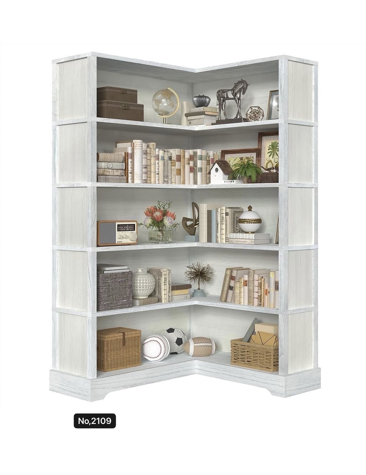 Wood Corner Book Shelf, 5 Tier 65 Inch Tall Bookshelf with Storage, Floor Standing Display Book Shelf for Living Room, Kitchen, Home Office, Antique W