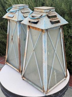 2 BLUE METAL HINGED DOOR LANTERNS