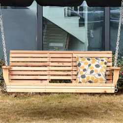 3-Seater Wooden Porch Swing, Patio Swing Bench with Folding Coffee Table, Cup Holders and Chains Included, 440lbs Weight Capacity, Natural 